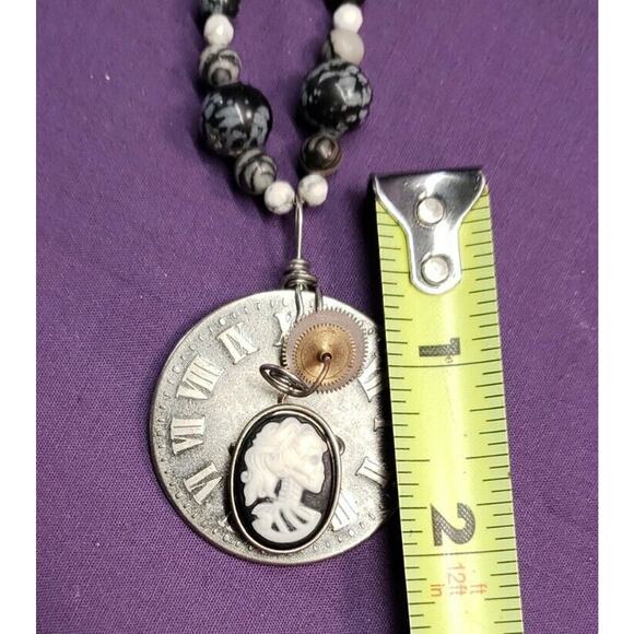 Steampunk Style Natural Stone, Skeleton Cameo, Roman Numeral Clock Disc Necklace - Picture 10 of 12